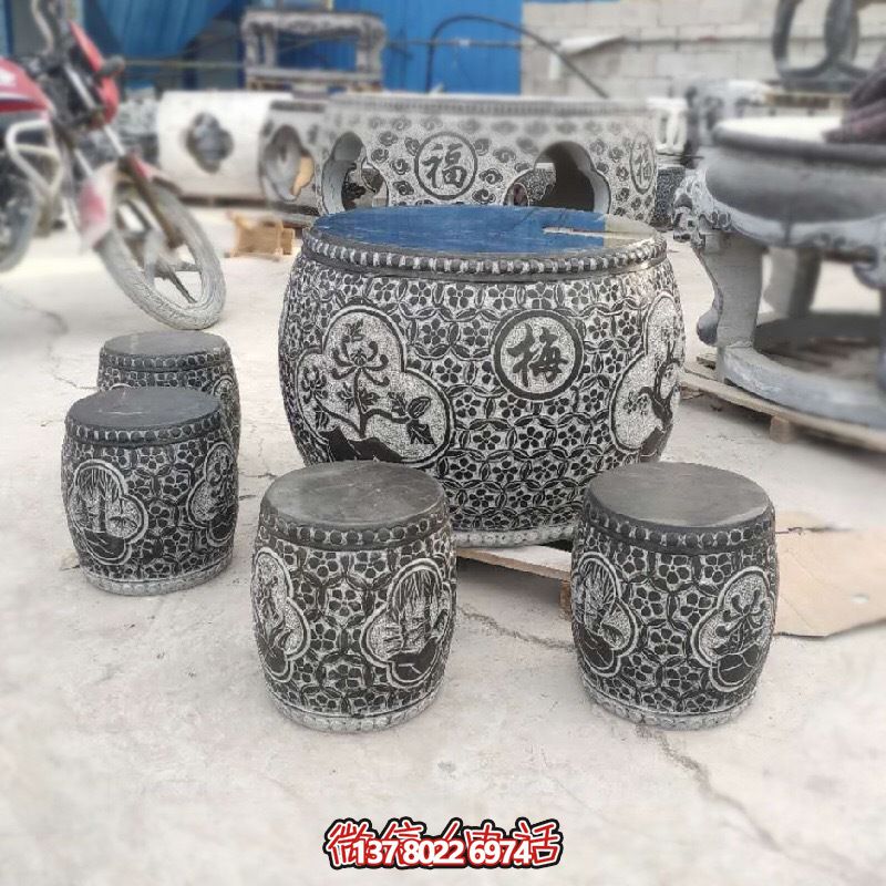 梅蘭菊竹浮雕石桌石凳，休閑庭院圓形裝飾