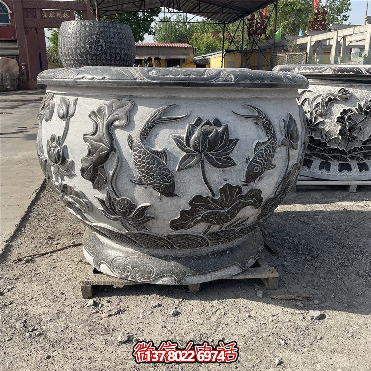 青石魚(yú)紋石雕花盆水缸