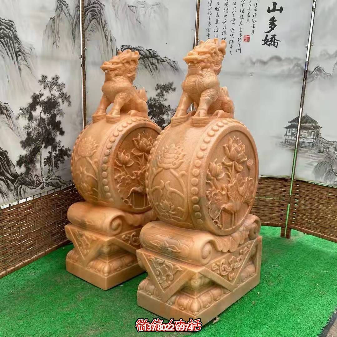 麒麟抱鼓石，晚霞紅荷花門墩