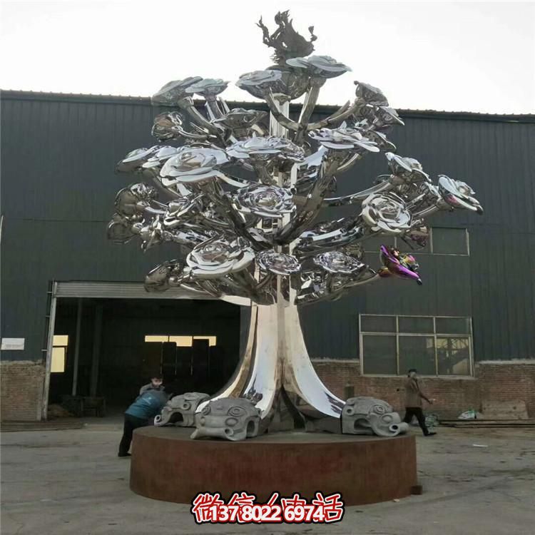 園林廣場(chǎng)酒店門口大型不銹鋼鏡面花朵樹擺件